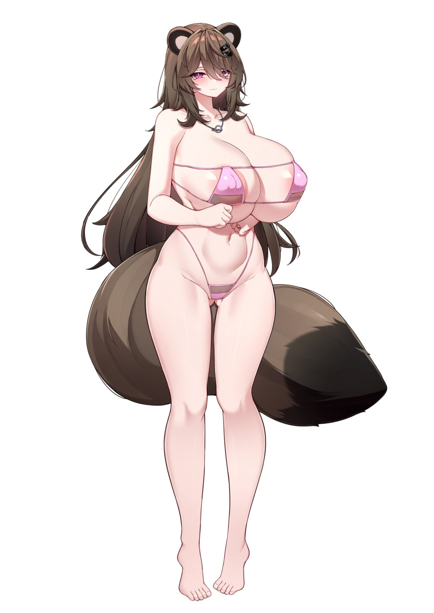 1girl 5danny1206 animal_ears ass_visible_through_thighs barefoot blush breasts brown_hair brown_tail collarbone covered_nipples full_body hair_between_eyes hair_ornament hairclip highres huge_breasts jewelry long_hair navel necklace original purple_eyes raccoon_ears raccoon_girl raccoon_tail ring solo tail tiptoes