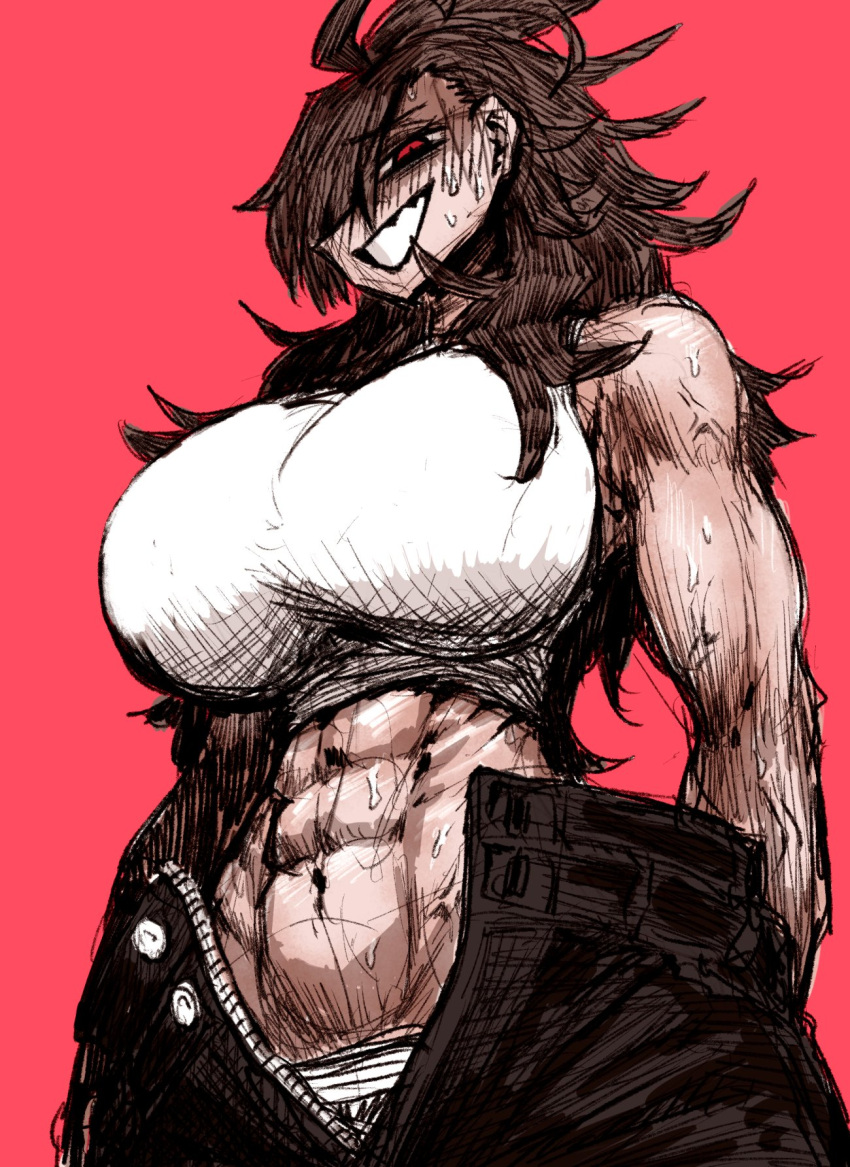 1girl abs bare_shoulders black_pants breasts brown_hair enako_haibara haiena_chan_ni_nerawarete hair_over_one_eye hatching_(texture) highres huge_breasts large_breasts long_hair messy_hair muscular muscular_female naughty_face open_fly pants red_background red_eyes sweat sweatdrop tall_female tank_top tomboy toned unbuttoned unzipped zipper zyugoya