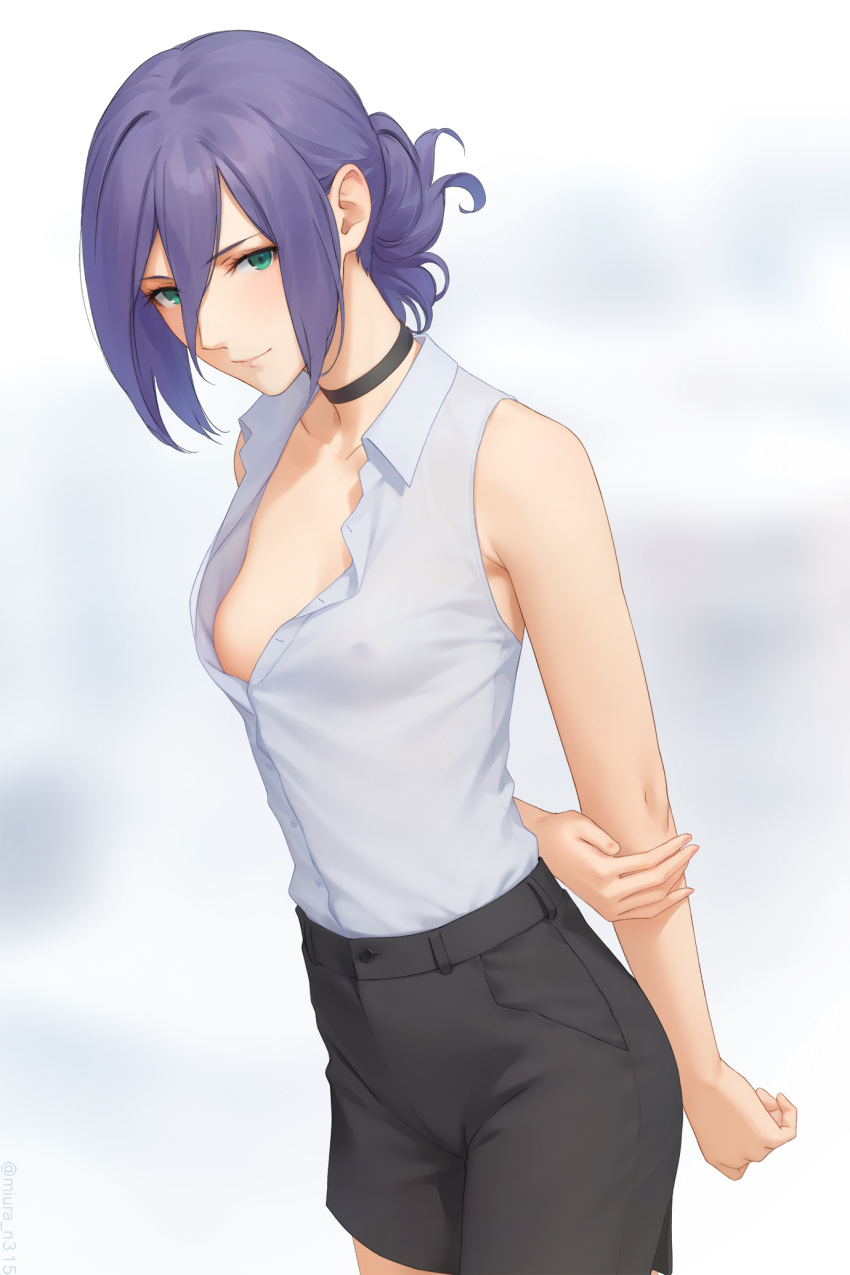 1girl black_choker black_shorts breasts chainsaw_man choker closed_mouth collared_shirt covered_nipples green_eyes hair_between_eyes hair_bun highres looking_at_viewer medium_breasts miura-n315 no_bra purple_hair reze_(chainsaw_man) shirt short_hair shorts single_hair_bun sleeveless sleeveless_shirt smile solo underwear white_shirt