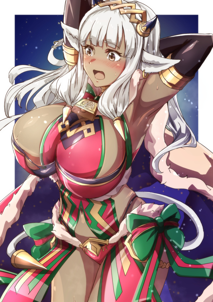 1girl absurdres alternate_costume animal_ears ash_(fire_emblem) bare_shoulders black_horns blush breasts brown_eyes cape cosplay cow_ears cow_girl cow_horns cow_tail dark-skinned_female dark_skin ear_piercing fire_emblem fire_emblem_heroes fur-trimmed_panties fur_cape fur_trim highres holding horns huge_breasts large_breasts long_hair open_mouth panties piercing solo tail tharja_(fire_emblem) tharja_(fire_emblem)_(cosplay) tharja_(winter)_(fire_emblem) to_(tototo_tk) torn_clothes underwear white_hair