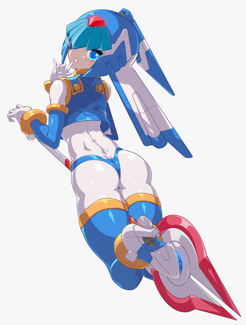 1girl absurdres ass blue_eyes blue_headwear bodysuit crop_top forehead_jewel from_behind helmet high_heels highres kiyosiai leviathan_(mega_man) looking_at_viewer looking_back mega_man_(series) mega_man_zero_(series) solo white_bodysuit