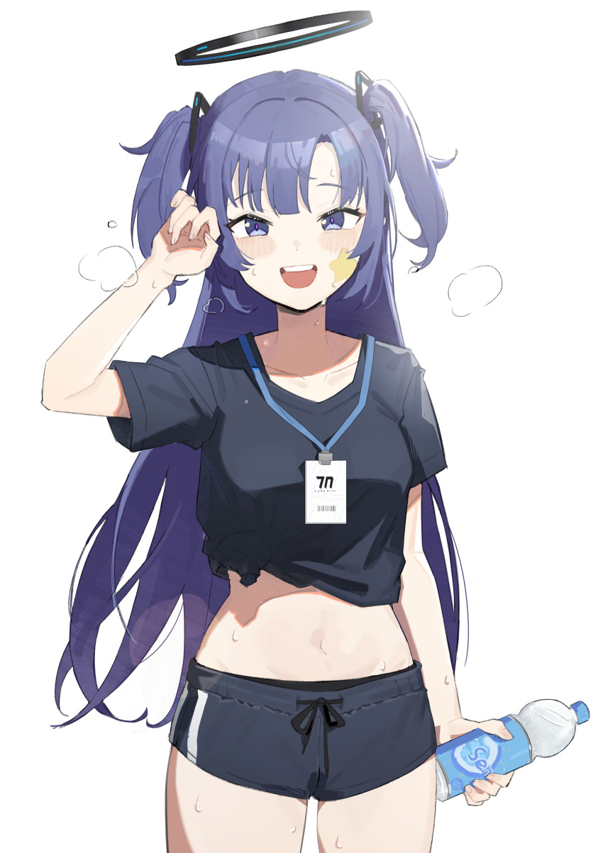1girl absurdres black_shirt black_shorts blue_archive blush boller_jiang bottle collarbone cowboy_shot facial_mark halo highres holding holding_bottle id_card long_hair looking_at_viewer mechanical_halo navel official_alternate_costume open_mouth purple_eyes purple_hair shirt short_sleeves shorts simple_background smile solo star_(symbol) two_side_up water_bottle white_background yuuka_(blue_archive) yuuka_(track)_(blue_archive)