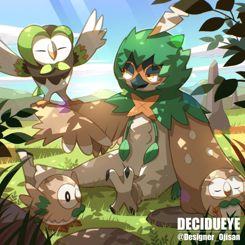 ^_^ arms_up artist_name black_eyes blue_sky blush branch bright_pupils character_name closed_eyes cloud commentary_request dappled_sunlight dartrix day decidueye designer_ojisan evolutionary_line grass highres leaf light_rays looking_at_another mountainous_horizon no_humans on_grass outdoors pokemon pokemon_(creature) rock rowlet shadow sitting sky sleeping sleeping_upright sunbeam sunlight talons twitter_username u_u white_pupils yellow_eyes