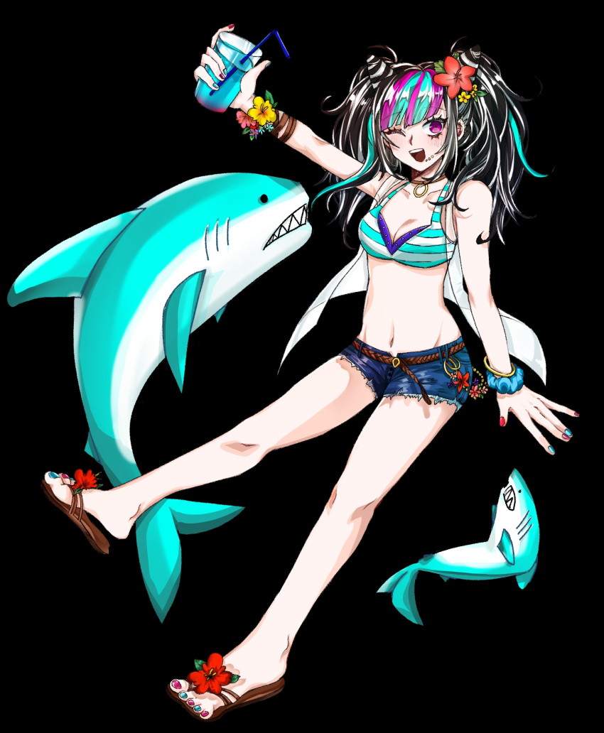 1girl :d ;d alternate_costume animal bare_shoulders black_hair breasts closed_mouth cup danganronpa_(series) danganronpa_2:_goodbye_despair glass green_hair hair_horns highres holding holding_cup hy_(fjvlg) medium_breasts mioda_ibuki multicolored_hair nail_polish navel one_eye_closed pink_nails red_eyes red_hair red_nails sandals scrunchie shark simple_background smile solo stomach teeth toenail_polish toenails twintails upper_teeth_only wrist_scrunchie