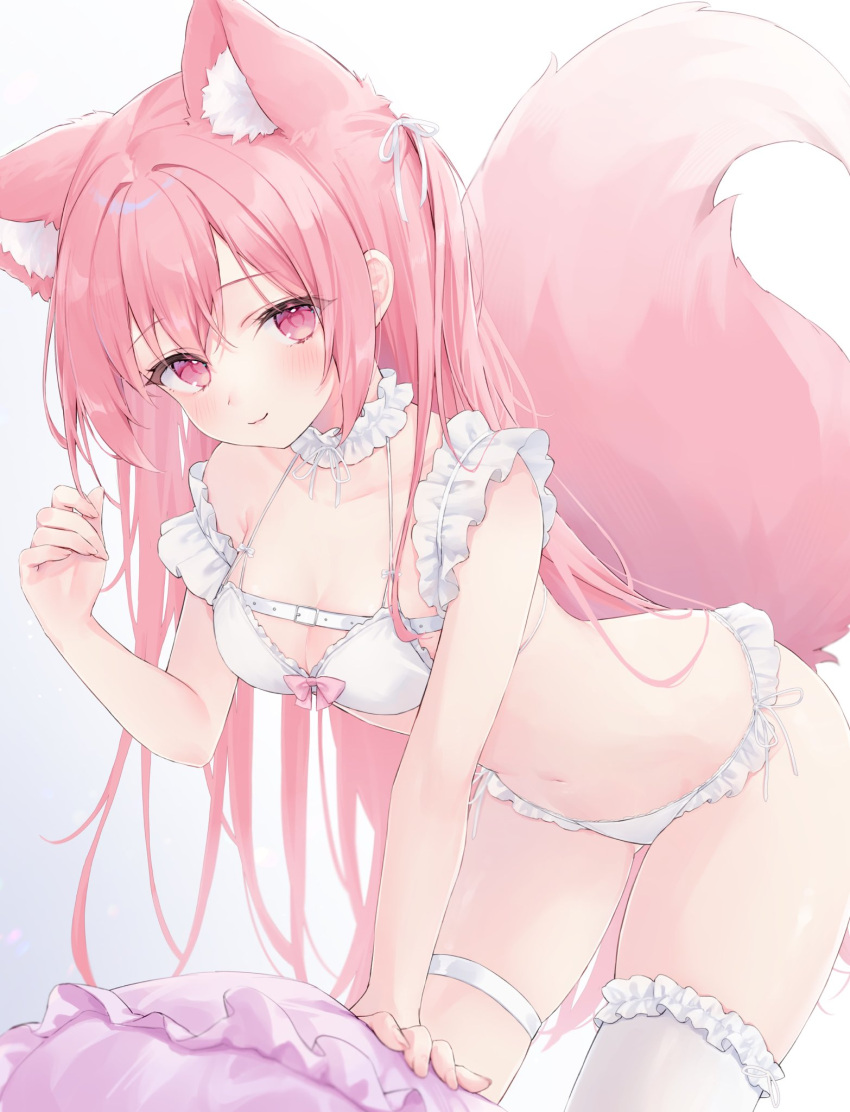 1girl animal_ear_fluff animal_ears bow bow_bra bra commission frilled_panties frills hair_ribbon highres indie_virtual_youtuber long_hair looking_at_viewer panties pillow pink_eyes pink_hair ribbon sakura_nagomi shano_hiyori single_thighhigh skeb_commission smile solo tail thigh_strap thighhighs underwear very_long_hair virtual_youtuber white_bra white_panties white_ribbon white_thighhighs