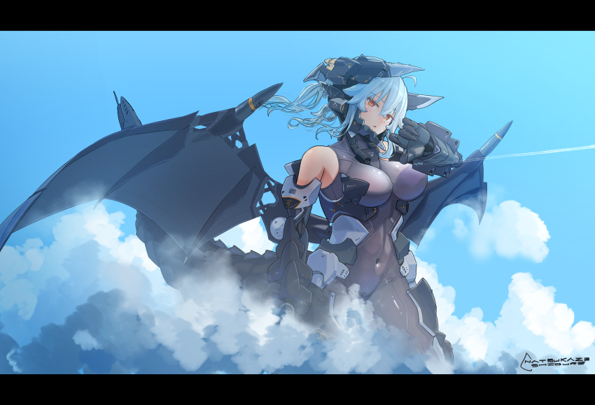 absurdres ahoge aircraft airplane armor bare_shoulders blue_hair bodysuit breasts cloud contrail covered_navel dragon_girl dragon_horns dragon_tail dragon_wings fighter_jet giant giantess headgear highres horns jet large_breasts letterboxed looking_at_viewer mecha_musume military_vehicle original red_eyes sigure-zzzz skin_tight standing tail wings