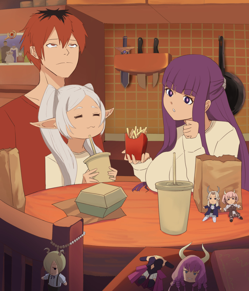 1boy 2girls :3 :o absurdres aura_(sousou_no_frieren) aura_bullying_(meme) closed_eyes commentary cup disposable_cup draht_(sousou_no_frieren) drinking_straw elf fern_(sousou_no_frieren) food french_fries frieren frown highres holding holding_cup indoors keychain kitchen linie_(sousou_no_frieren) lugner_(sousou_no_frieren) mcdonald's meme multiple_girls orange_eyes parody pictosyrup pointy_ears purple_hair red_hair severed_head sousou_no_frieren stark_(sousou_no_frieren) stuffed_toy table white_hair yoru_mac