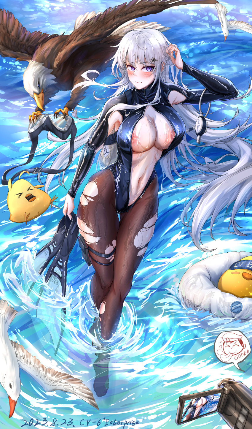 absurdres armpit_cutout azur_lane bird black_wetsuit blue_eyes blush bodysuit breasts camcorder camera character_name chibi chibi_inset cleavage clothing_cutout commander_(azur_lane) commentary_request dated diving_mask diving_mask_removed diving_suit eagle embarrassed enterprise_(azur_lane) enterprise_(diving_under_blue_skies)_(azur_lane) flippers flippers_removed goggles grey_hair grim_(azur_lane) hair_ornament hairclip highres holding holding_camera holding_flippers large_breasts long_hair looking_at_viewer manjuu_(azur_lane) navel nipple_slip nipples ocean open_wetsuit qiyedefeishazhanji scuba_gear scuba_tank seagull skin_tight spoken_character star_(symbol) star_hair_ornament sweatdrop swim_goggles torn_bodysuit torn_clothes very_long_hair video_camera wading water wavy_mouth wet wetsuit