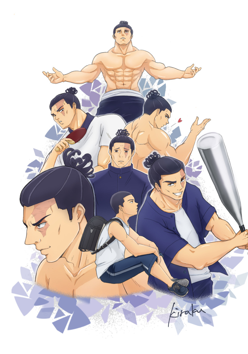 1boy absurdres age_progression aged_down artist_request baseball_bat black_hair blowing_kiss empty_eyes gakuran heart highres holding holding_baseball_bat jujutsu_kaisen male_focus muscular muscular_male no_nipples official_alternate_costume outstretched_arms paddle pectorals profile puckered_lips scar scar_across_eye school_uniform short_hair sideburns spread_arms table_tennis_paddle topless_male toudou_aoi_(jujutsu_kaisen)