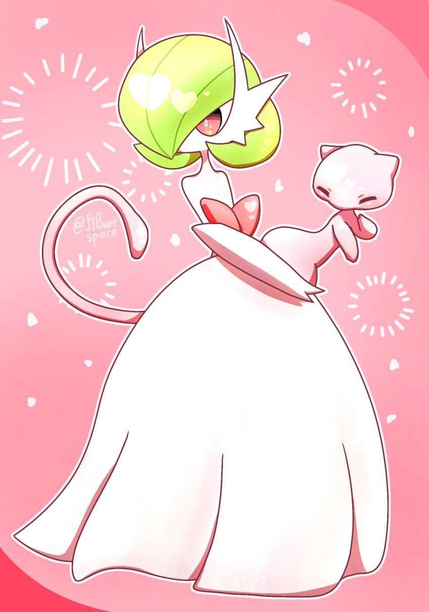 1girl ^_^ artist_name bare_shoulders bob_cut closed_eyes colored_skin commentary_request dress elbow_gloves floating full_body gardevoir gloves green_hair hair_over_one_eye heart heart_in_eye highres long_dress looking_to_the_side mega_gardevoir mega_pokemon mew_(pokemon) one_eye_covered outline partial_commentary pink_background pokemon pokemon_(creature) red_eyes short_hair signature standing strapless strapless_dress symbol_in_eye twitter_username white_dress white_gloves white_outline white_skin yuri_(fl0werspace)