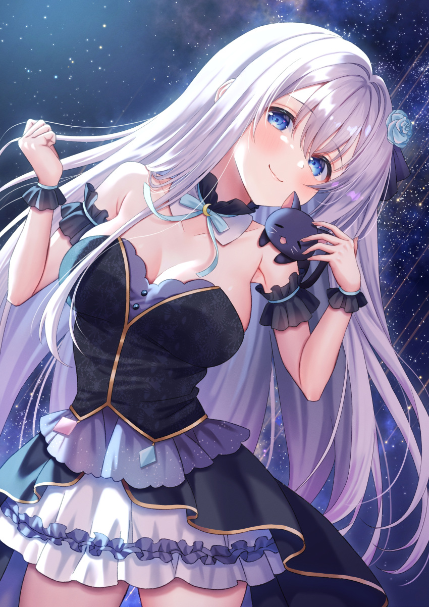 1girl absurdres bare_shoulders black_dress blue_eyes breasts cat cleavage closed_mouth commentary_request commission detached_collar dress dutch_angle hair_between_eyes highres indie_virtual_youtuber long_hair looking_at_viewer mary_is_mine medium_breasts nekozuki_mio sidelocks skeb_commission sky solo star_(sky) starry_sky strapless strapless_dress virtual_youtuber white_hair wrist_cuffs