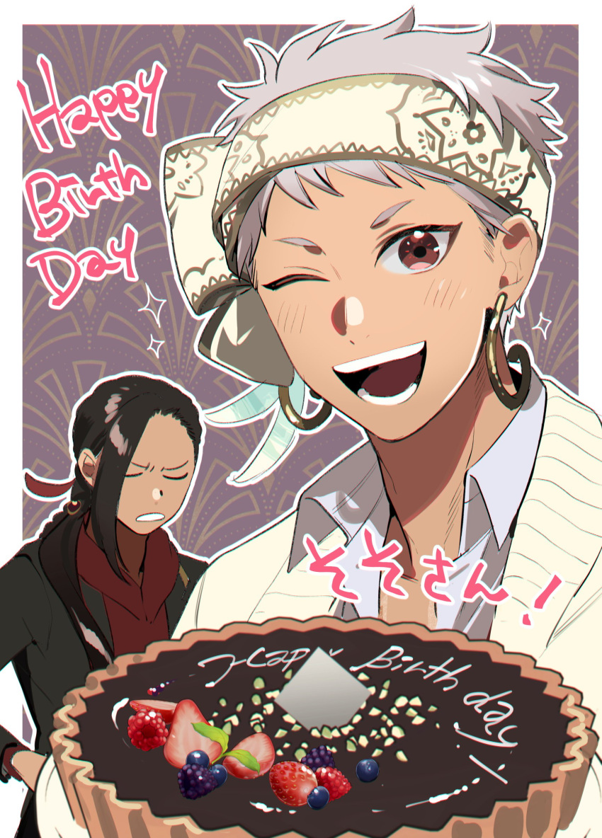 2boys absurdres birthday_cake black_jacket blackberry_(fruit) blueberry blush brown_eyes cake closed_mouth earrings food fruit grey_hair happy_birthday headband highres jacket jamil_viper jewelry kalim_al-asim long_hair looking_at_viewer male_focus multiple_boys one_eye_closed open_mouth ororooops plate raspberry red_shirt shirt short_hair sparkle strawberry teeth twisted_wonderland white_headband white_shirt