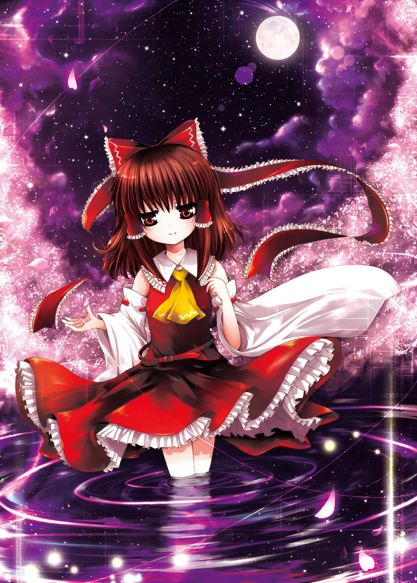 absurdres ascot belt bow brown_eyes brown_hair catbell cherry_blossoms cravat detached_sleeves dress duplicate frilled_bow frilled_shirt_collar frills full_moon glowing glowing_eyes hair_bow hair_tubes hakurei_reimu highres light_smile long_hair medium_hair moon night petals red_belt red_bow red_dress red_eyes red_ribbon ribbon ribbon-trimmed_sleeves ribbon_trim ripples skirt skirt_set sky smile solo standing star_(sky) starry_sky touhou underskirt wading water white_collar white_sleeves wide_sleeves yellow_neckwear