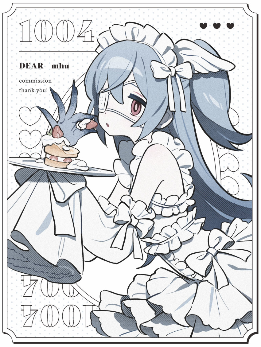1girl blue_hair cake claws colored_skin commission detached_sleeves dress eyepatch food frilled_dress frills fruit half_updo highres long_hair maid_headdress medical_eyepatch original poro_(apom6n) red_eyes skeb_commission sleeves_past_fingers sleeves_past_wrists solo strawberry strawberry_shortcake white_dress white_headdress white_skin white_sleeves