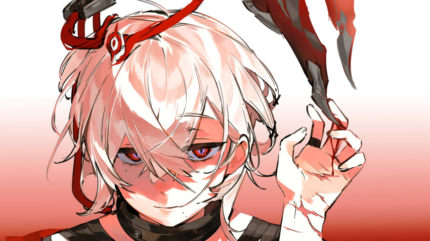 1boy blood claws gradient_background hair_between_eyes hair_in_own_mouth halo highres ierotak jewelry looking_at_viewer male_focus mole mole_under_eye mole_under_mouth original red_eyes ring scar scar_on_arm scar_on_hand simple_background solo upper_body white_hair