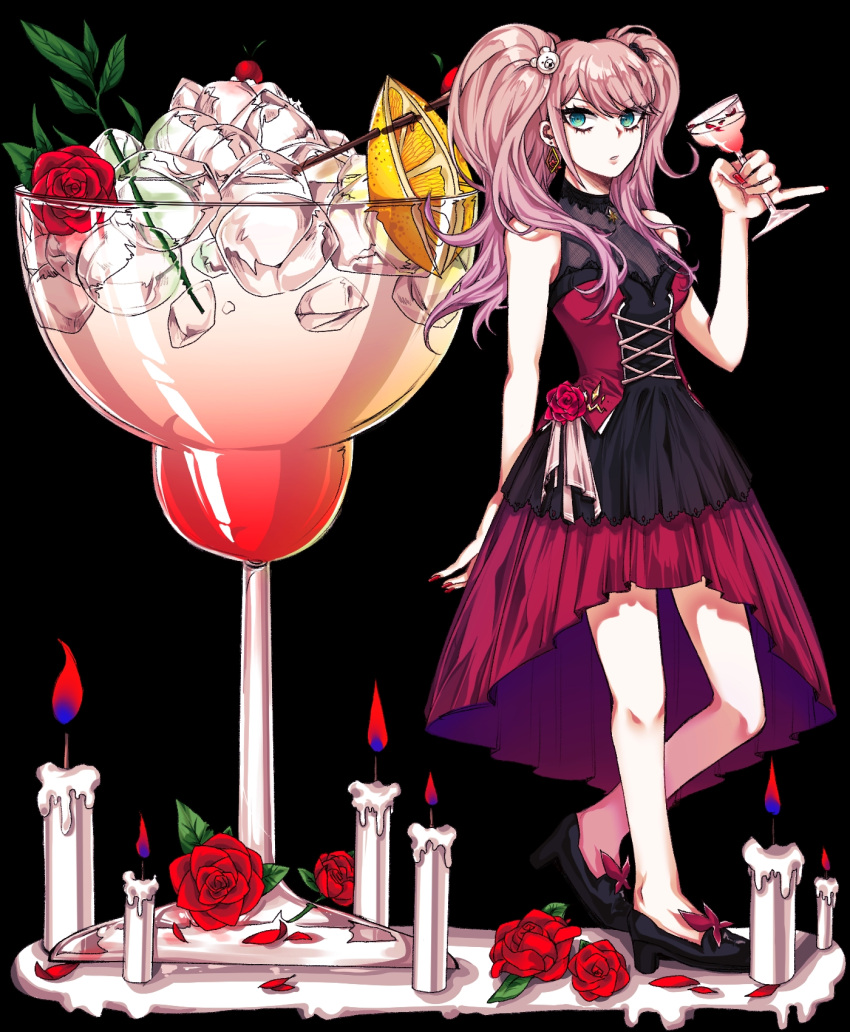 1girl bare_arms bare_shoulders bear_hair_ornament black_background black_dress black_footwear blonde_hair braid breasts candle cocktail danganronpa:_trigger_happy_havoc danganronpa_(series) dress earrings enoshima_junko flower full_body hair_ornament highres hy_(fjvlg) jewelry medium_breasts pink_hair red_dress red_flower shoes simple_background solo twin_braids