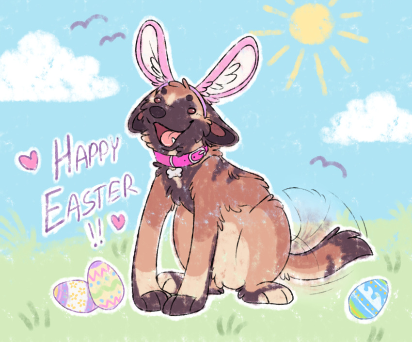 &lt;3 2023 ambient_bird ambiguous_gender avian bird black_nose blue_sky brown_body brown_eyes brown_fur canid canine canis cloud collar collar_tag detailed_background digital_drawing_(artwork) digital_media_(artwork) digitigrade domestic_dog dot_eyes ears_down easter easter_egg english_text exclamation_point fake_ears feral flat_colors full-length_portrait fur handwritten_text herding_dog hi_res holidays maligaytor malinois_dog mammal markings open_mouth open_smile outline pastoral_dog paws pink_collar pink_tongue pivoted_ears portrait sheepdog sitting sky smile solo sun tail tail_motion tailwag tan_markings text tongue white_outline woowoo_(maligaytor)