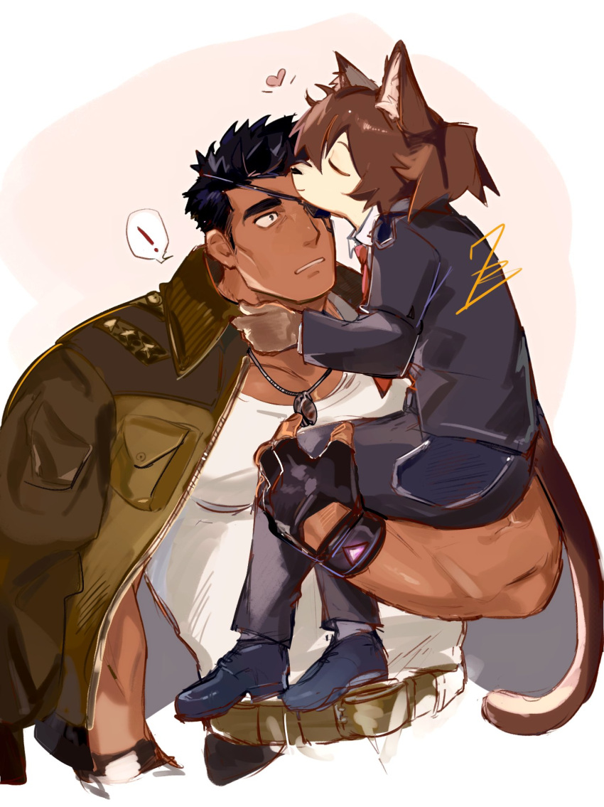 ! 1boy 1girl animal_ear_fluff animal_ears animal_nose bara belt black_hair brown_belt carrying carrying_person closed_eyes dark-skinned_male dark_skin dog_tags eyepatch female_protagonist_(live_a_hero) fingerless_gloves furry furry_female gloves heart hetero highres jacket kiss kissing_forehead live_a_hero looking_at_another military_jacket muscular muscular_male nanaisan_(713) necktie official_alternate_costume ponytail red_necktie short_hair simple_background sitting_on_arm spoken_exclamation_mark spoken_heart surprise_kiss surprised tabit_(live_a_hero) tail tank_top thick_arms white_tank_top