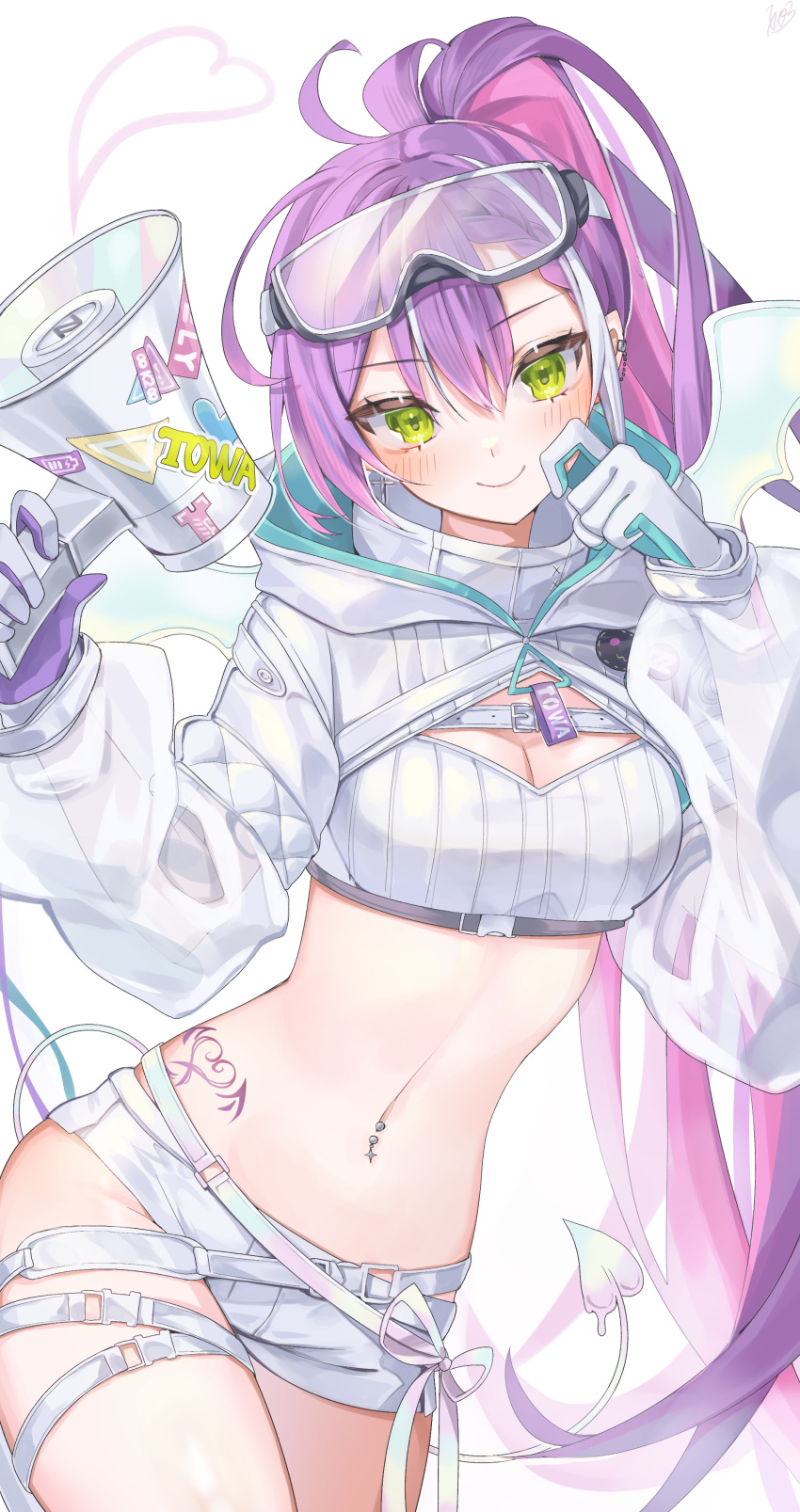 1girl absurdres blue_gloves blush breasts cleavage demon_girl demon_tail demon_wings gloves green_eyes heart highres holding holding_megaphone hololive megaphone multicolored_hair navel_piercing official_alternate_costume piercing pink_hair pointy_ears purple_gloves purple_hair shorts small_breasts smile snow_goggles solo streaked_hair tail tokoyami_towa tokoyami_towa_(5th_costume) two-sided_gloves virtual_youtuber white_background white_gloves white_shorts white_shrug wings xivi9