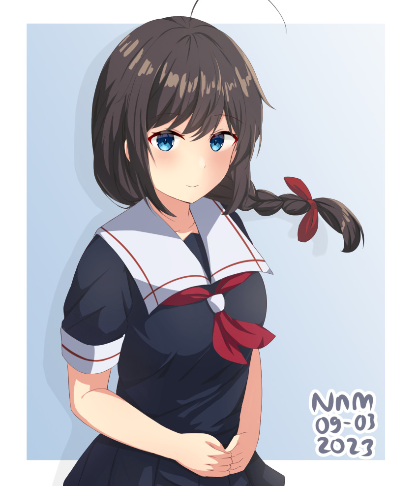 1girl ahoge artist_name black_hair black_serafuku blue_background blue_eyes blush border braid dated hair_ribbon highres kantai_collection looking_at_viewer neckerchief nnm red_neckerchief red_ribbon ribbon school_uniform serafuku shigure_(kancolle) short_sleeves simple_background smile solo upper_body white_border