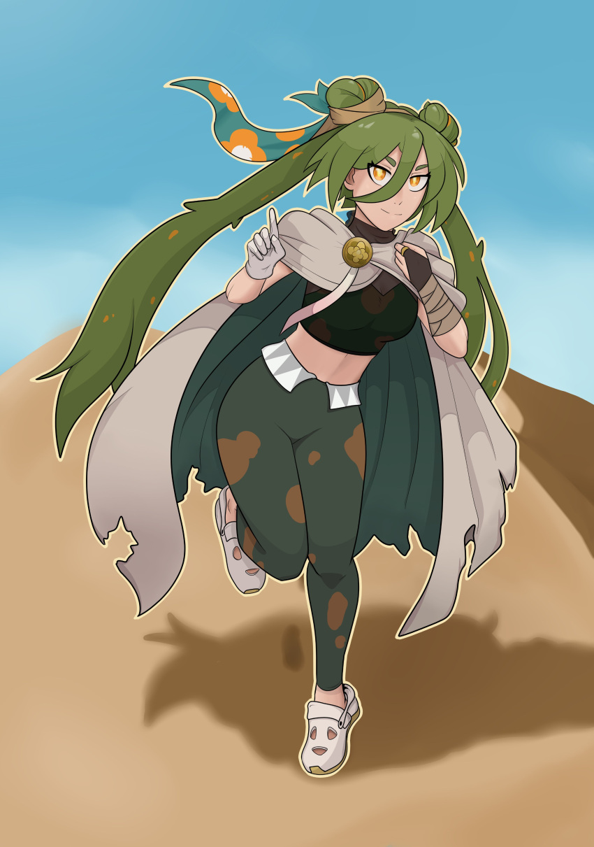 1girl absurdres blue_sky breasts cloak crocs crop_top desert gloves green_hair ground_miku_(project_voltage) hatsune_miku highres long_hair mypoisonmilk pokemon project_voltage sky smile solo twintails very_long_hair vocaloid yellow_eyes