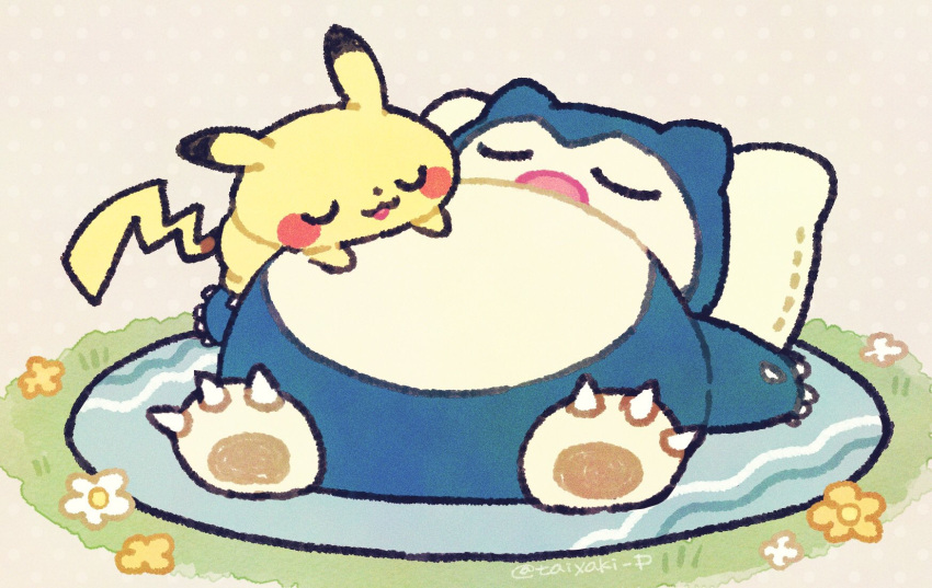 :3 claws closed_eyes commentary doradorakingyo flower grey_background highres lying no_humans on_back open_mouth orange_flower pikachu pillow pokemon pokemon_(creature) polka_dot polka_dot_background rug sleeping snoring snorlax symbol-only_commentary yellow_flower