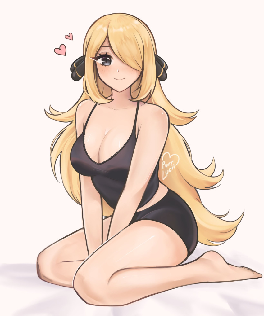 1girl artist_name between_legs black_eyes bong breasts cleavage cynthia_(pokemon) hair_over_one_eye hand_between_legs highres long_hair looking_at_viewer loungewear medium_breasts pokemon pokemon_dppt purrlucii sitting smile solo very_long_hair wariza white_background