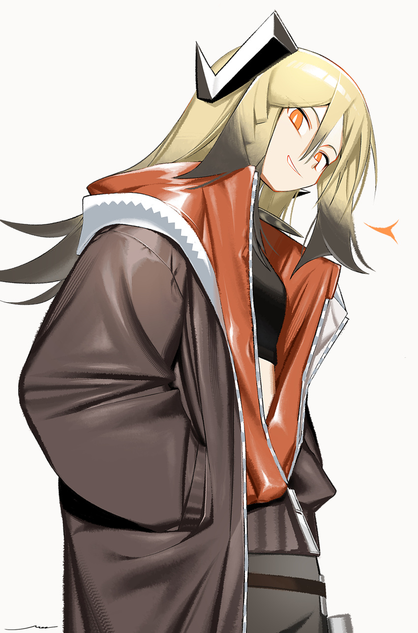 1girl absurdres arknights black_shirt blonde_hair breasts brown_coat coat cowboy_shot crop_top grey_background grey_pants hands_in_pockets head_tilt highres ifrit_(arknights) long_hair long_sleeves looking_at_viewer official_alternate_costume open_clothes open_coat orange_eyes pants shirt signal_1120 simple_background small_breasts smirk solo