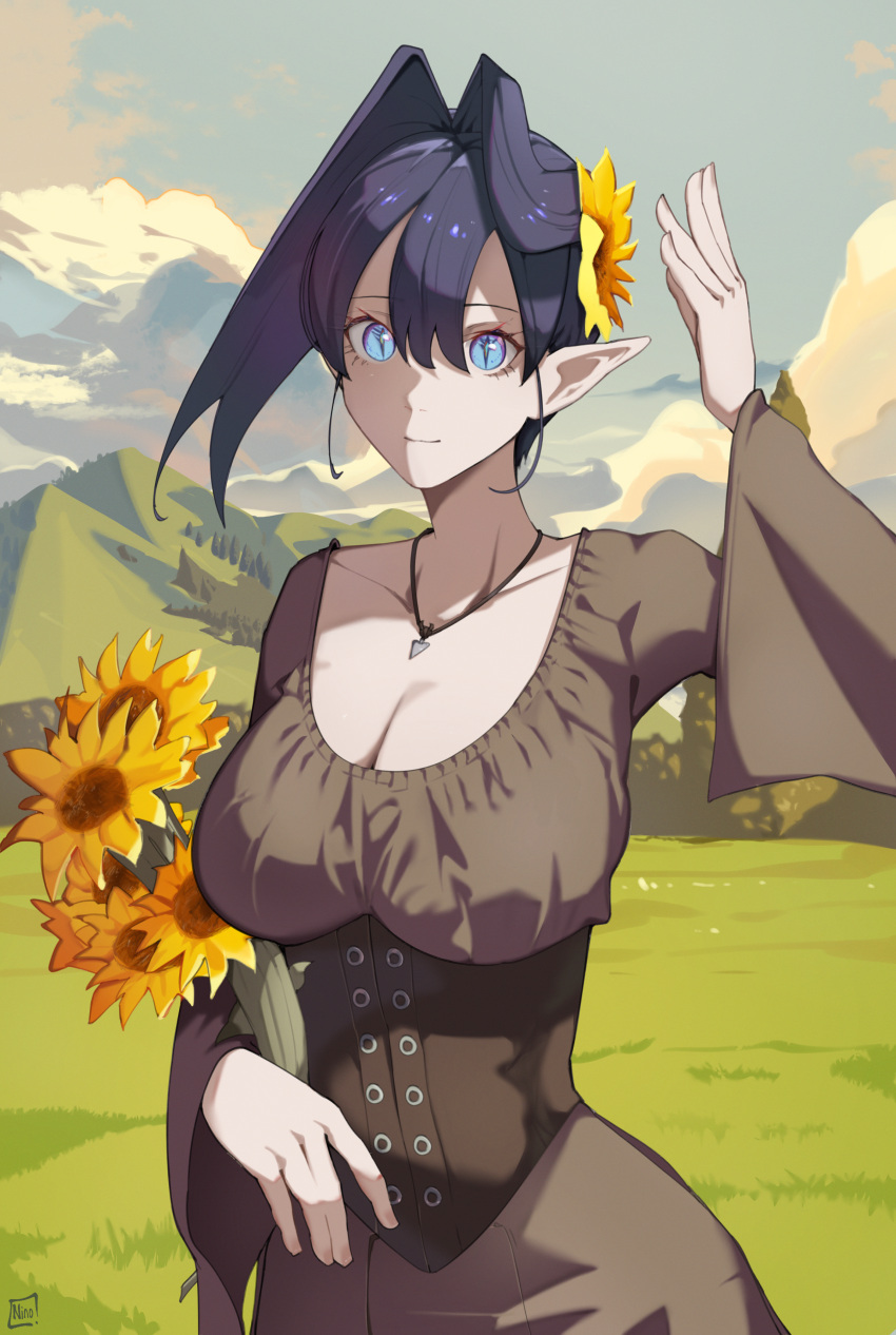 1girl absurdres alternate_costume black_hair blue_eyes breasts brown_dress cleavage closed_mouth commentary corset cowboy_shot dress elf english_commentary flower grasslands hair_flower hair_intakes hair_ornament hand_up highres hololive hololive_english jewelry large_breasts long_sleeves looking_at_viewer necklace o22no ouro_kronii outdoors pointy_ears short_hair slit_pupils smile solo sunflower underbust virtual_youtuber wide_sleeves
