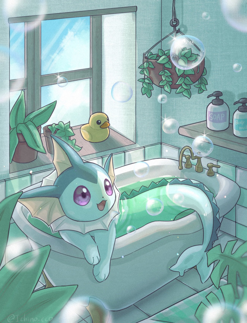 :d bathing bathtub bubble day faucet happy highres ichino_cco indoors open_mouth pokemon purple_eyes rubber_duck shelf smile soap_bottle tongue vaporeon water window