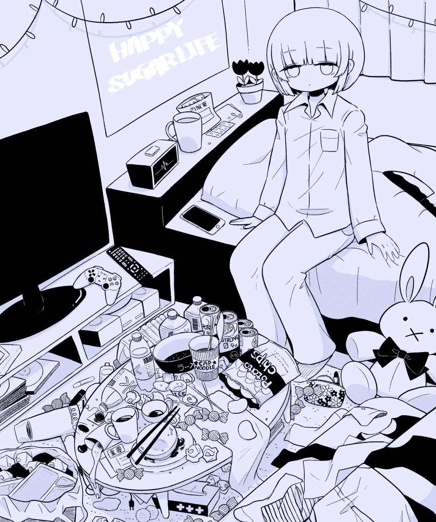 1girl :x absurdres album_cover animal_ears bed blanket blunt_bangs bottle bowl breast_pocket can candy cellphone chips_(food) chopsticks christmas_lights collared_shirt controller cover crazy cup curtains empty_eyes flower food game_console game_controller highres knife limited_palette long_sleeves m_imi_mi messy_room neck_ribbon on_bed original pajamas pants phone pill pillow playstation_1 pocket potato potato_chips rabbit remote_control ribbon shirt short_hair sitting smartphone soda soda_bottle soda_can stuffed_animal stuffed_toy suicide table television yami_kawaii