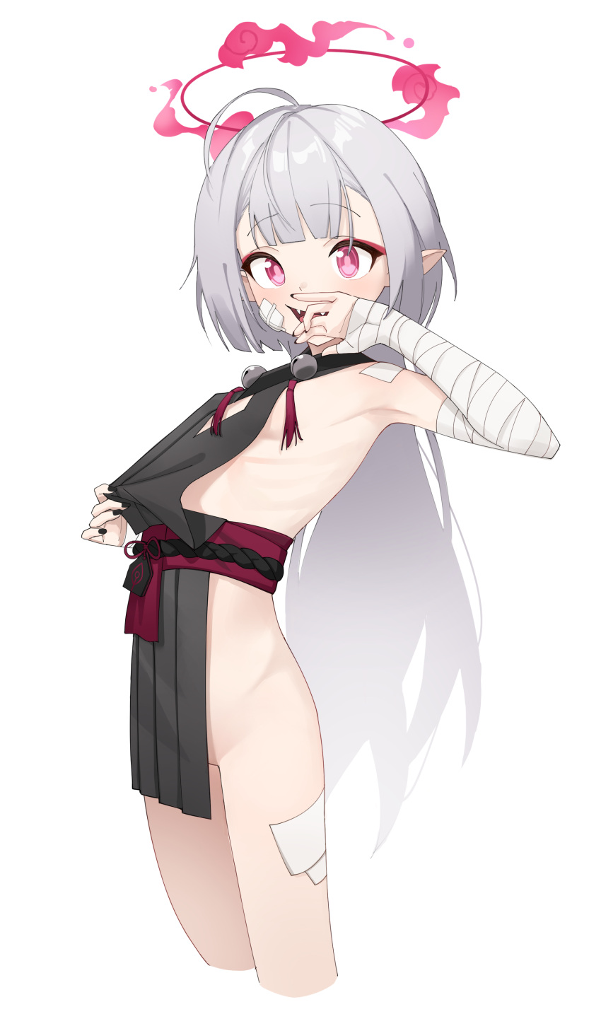 1girl absurdres ahoge bandaged_arm bandaged_hand bandages bell black_dress black_nails blue_archive breasts cropped_legs dress fangs gauze gauze_on_cheek grey_hair halo highres jingle_bell long_hair looking_at_viewer obi open_mouth pink_eyes pointy_ears ri-el ribs sash short_dress shuro_(blue_archive) sideless_dress sideless_outfit simple_background small_breasts smile solo white_background