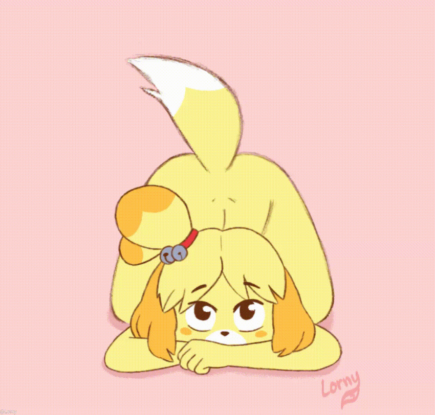 accessory animal_crossing animated anthro butt canid canine canis cute_expression domestic_dog female fur hair_accessory isabelle_(animal_crossing) looking_at_viewer lorny_fox mammal nintendo nude shaking_butt shih_tzu solo toy_dog yellow_body yellow_fur