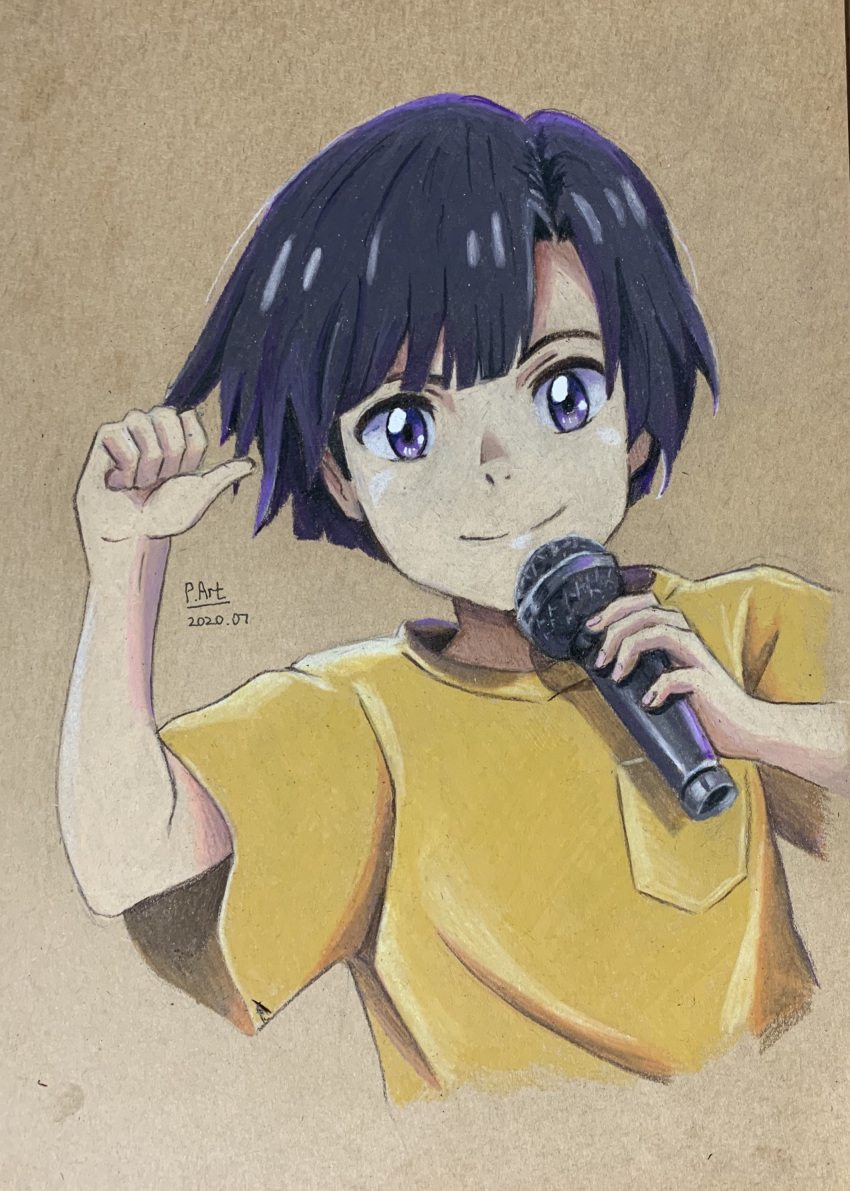 1boy absurdres amano_nagi artist_name black_hair closed_mouth colored_pencil_(medium) commentary_request dated english_commentary highres holding holding_microphone korean_commentary looking_at_viewer making-of_available microphone mixed-language_commentary p.art purple_eyes shirt short_hair short_sleeves simple_background smile solo tenki_no_ko traditional_media upper_body yellow_shirt