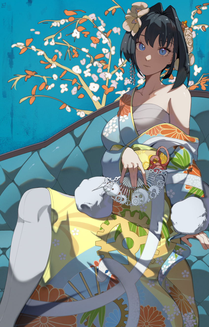 1girl absurdres arm_support black_hair blue_eyes blue_kimono breasts closed_mouth collarbone commentary couch english_commentary eyelashes feather_boa floral_print floral_print_kimono flower folding_fan hair_flower hair_intakes hair_ornament hand_fan highres holding holding_fan hololive hololive_english japanese_clothes kanzashi kimono knee_up large_breasts looking_at_viewer o22no obi obijime official_alternate_costume on_couch open_clothes open_kimono ouro_kronii ouro_kronii_(new_year) pantyhose print_kimono sarashi sash short_hair single_bare_shoulder sitting slit_pupils solo virtual_youtuber white_kimono white_pantyhose yellow_sash
