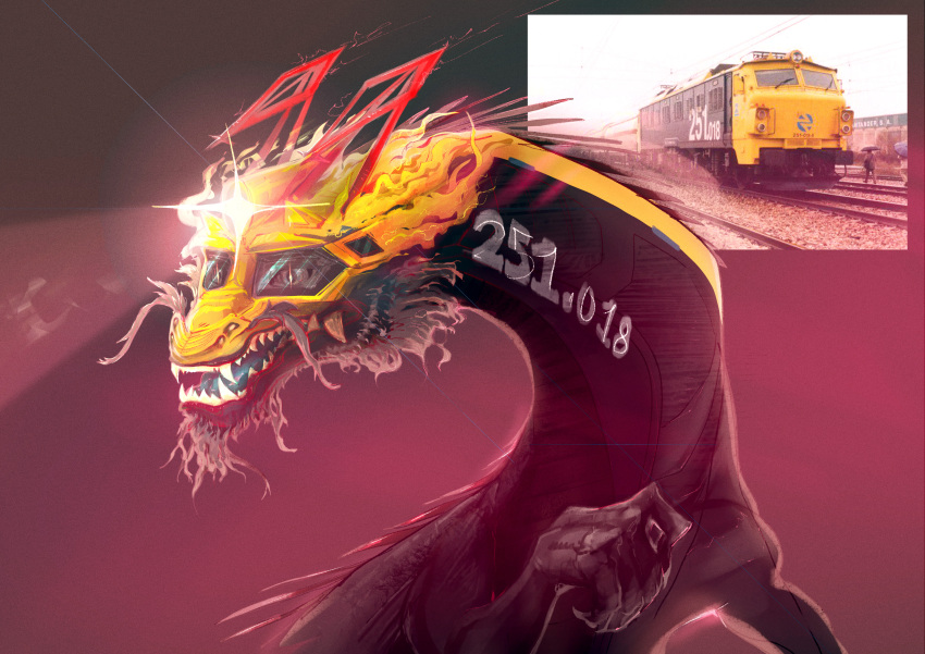 absurd_res alpha-thunder ambiguous_gender barbel_(anatomy) beard black_body blonde_mane claws countershade_face countershading dragon eastern_dragon facial_hair feral flesh_whiskers grupo_caf headlights hi_res how_to_dragon_your_train hybrid living_train locomorph locomotive mane mitsubishi multicolored_body pantograph paws public_transportation railway reference_image renfe sharp_teeth solo spanish teeth train two_tone_body vehicle