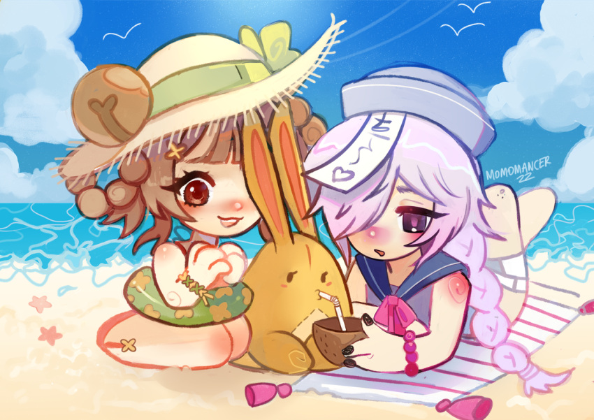 2girls beach bell blue_sky blush braid coconut drinking genshin_impact lifebuoy momomancer multiple_girls non-web_source ocean qiqi_(genshin_impact) rabbit sand single_braid sky summer twin_braids yaoyao_(genshin_impact) yuegui_(genshin_impact)