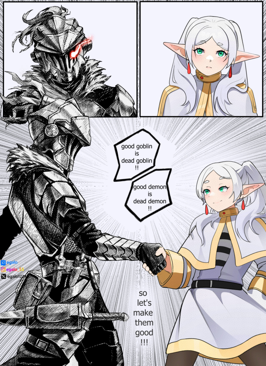 1boy 1girl absurdres armor art_shift backpack bag belt belt_pouch capelet commentary crossover dress earrings egalo elf english_commentary english_text forehead frieren full_armor gauntlets glowing glowing_eye goblin_slayer goblin_slayer! green_eyes handshake highres indonesian_commentary jewelry long_hair long_sleeves looking_at_another mixed-language_commentary parted_bangs pointy_ears pouch red_eyes sidelocks smile sousou_no_frieren speech_bubble sword thick_eyebrows weapon white_capelet white_dress white_hair