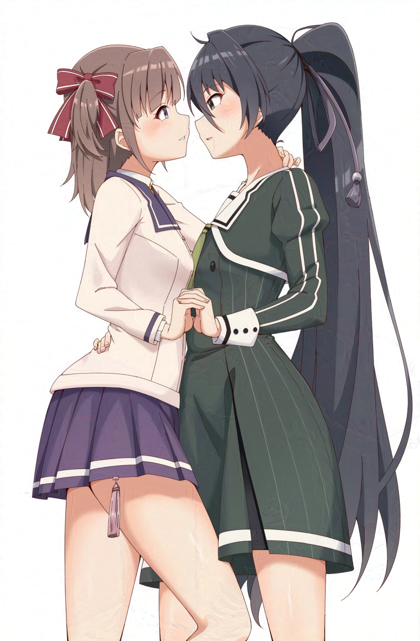 2girls blush brown_hair character_request commentary_request hand_on_another's_neck highres long_hair medium_hair motsutoko multiple_girls parted_lips toji_no_miko very_long_hair yuri