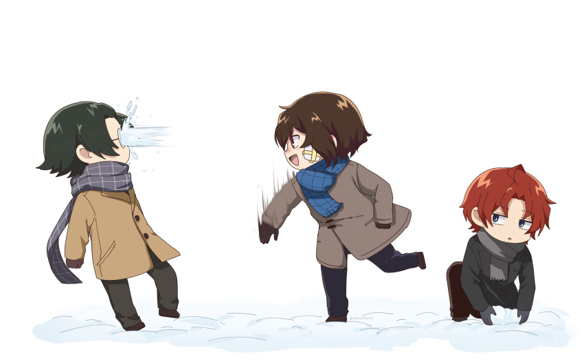 3boys :o absurdres brown_hair brown_jacket bungou_stray_dogs dazai_osamu_(bungou_stray_dogs) glasses highres jacket long_sleeves multiple_boys open_mouth red_hair seirense34 short_hair snow throwing winter_clothes