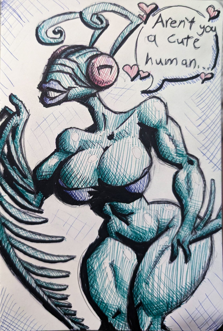 &lt;3 2023 antennae_(anatomy) anthro arthropod bandeau big_breasts big_eyes biped black_pupils black_text blue_body blue_breasts bottomless bottomless_anthro bottomless_female breasts cleavage cleavage_overflow clothed clothing compound_eyes cross-hatching curvy_figure dialogue ellipsis english_text female female_anthro hatching_(art) hi_res hourglass_figure image_comics insect invincible_(comics) invincible_(tv_series) legs_together lips looking_at_viewer pink_heart pupils purple_bandeau purple_clothing purple_lips purple_topwear red_eyes shaded skimpy solo species_in_dialogue speech_bubble standing talking_to_viewer text thebubbagrund thick_lips thick_thighs thraxan topwear traditional_media_(artwork) unusual_pupils white_speech_bubble wide_hips