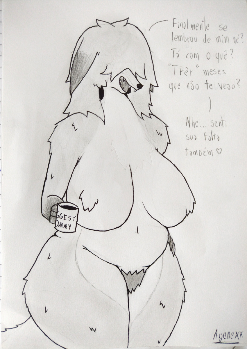absurd_res agenexxthecat anthro beverage bia_(agenexxthecat) big_breasts breasts canid canine coffee coffee_mug curvy_figure dialogue ears_down female fox fur fur_covering_nipples hair hair_over_eye hair_over_eyes hairy hi_res larger_female mammal markings monochrome mug nude one_eye_obstructed pivoted_ears portuguese_text pubes size_difference slightly_chubby solo text traditional_media_(artwork)