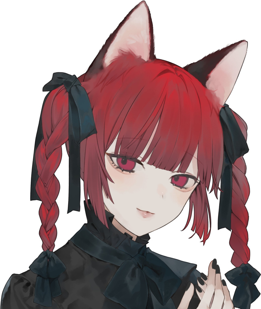 1girl absurdres animal_ears black_bow black_nails black_shirt bow bowtie braid cat_ears cat_girl collar commentary_request daimaou_ruaeru frilled_collar frills hair_bow highres kaenbyou_rin lips long_hair looking_at_viewer multiple_hair_bows nekomata red_eyes red_hair shirt simple_background smile solo touhou twin_braids upper_body white_background