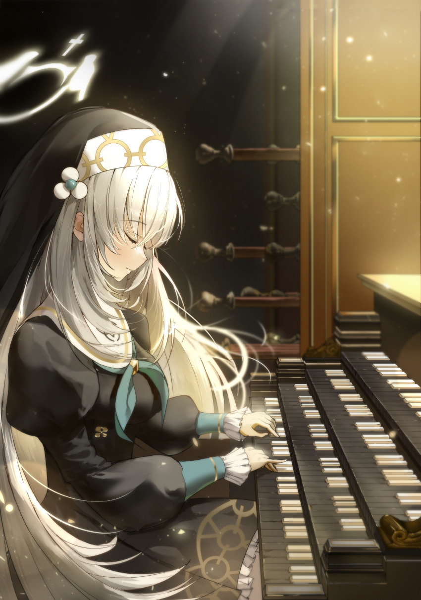 1girl absurdres blue_archive closed_eyes closed_mouth coif grey_hair habit halo highres instrument long_hair long_sleeves music nun piano playing_instrument sakurako_(blue_archive) sangnoksu solo yellow_halo