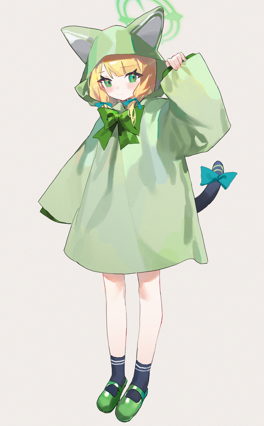 1girl absurdres alternate_costume animal_ear_hood bare_legs black_socks blonde_hair blue_archive blunt_bangs blush bow bowtie cat_tail full_body green_bow green_bowtie green_eyes green_footwear green_hood hair_ribbon halo highres light_smile long_sleeves looking_at_viewer measho midori_(blue_archive) ribbon simple_background socks solo tail