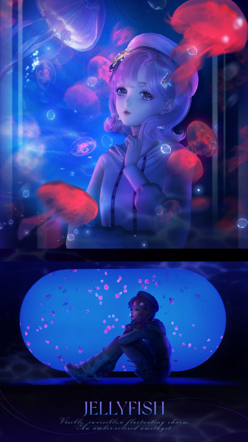 1girl 3d aquarium chinese_commentary commentary_request dark earrings english_text highres index_finger_raised jacket jellyfish jewelry lips lipstick looking_at_viewer makeup nikki_(miracle_nikki) official_art pink_hair sea_creature shining_nikki short_hair sitting water white_headwear