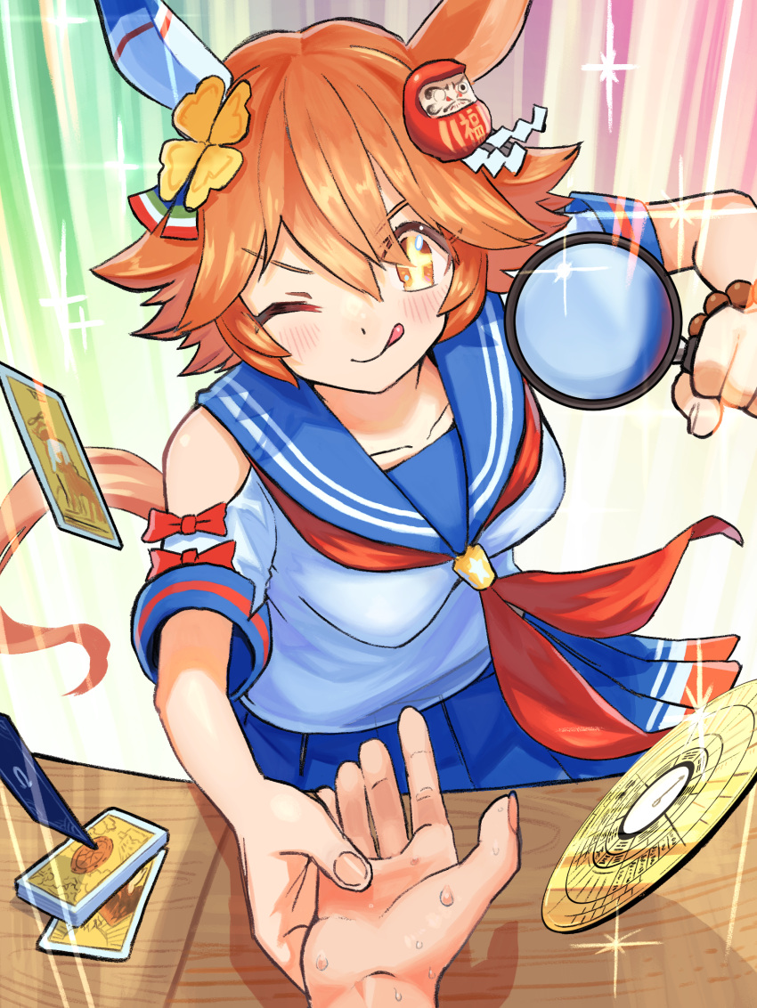 +_+ 1girl absurdres animal_ears bare_shoulders blue_sailor_collar blue_skirt breasts card clover_hair_ornament daruma_doll disembodied_limb ear_covers flipped_hair four-leaf_clover_hair_ornament hair_between_eyes hair_ornament highres holding holding_hands holding_magnifying_glass horse_ears horse_girl horse_tail magnifying_glass matikanefukukitaru_(umamusume) medium_breasts neckerchief one_eye_closed orange_hair red_neckerchief sailor_collar shirt short_hair single_ear_cover skirt solo_focus table tail tokiwa_png tongue tongue_out umamusume white_shirt yellow_eyes