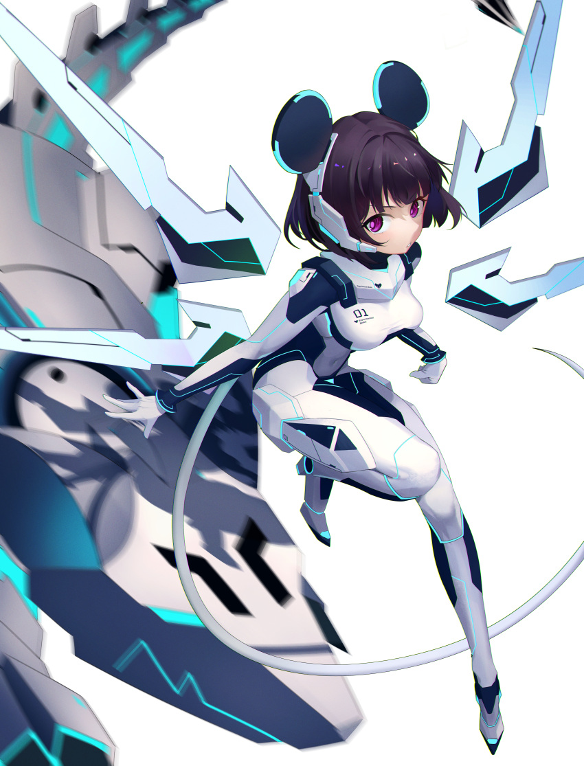1girl absurdres animal_ears artist_request black_hair bodysuit covered_navel detached_wings headgear high_heels highres mecha_musume mechanical_ears mechanical_tail mechanical_wings mouse_ears mouse_tail neon_trim non-humanoid_robot original purple_eyes robot robot_animal short_hair solo tail white_background white_bodysuit wings