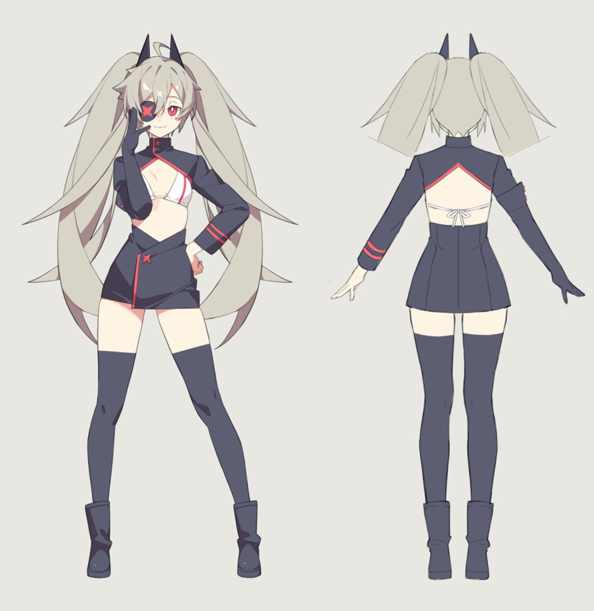 1girl ankle_boots black_footwear boots breasts djmax fail_(djmax) grey_hair hair_ornament hand_on_own_hip highres long_hair long_sleeves mamo_c non-web_source skirt smile standing twintails zettai_ryouiki