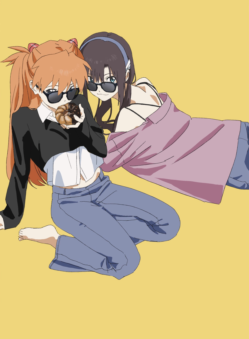 2girls absurdres barefoot blue_eyes closed_mouth commentary eating food hair_between_eyes highres holding holding_food long_hair long_sleeves looking_at_viewer looking_over_eyewear makinami_mari_illustrious meccha_kubiitee multiple_girls neon_genesis_evangelion orange_hair simple_background smile souryuu_asuka_langley sunglasses symbol-only_commentary yellow_background